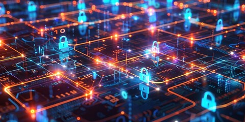 Fototapeta premium A visually compelling image of network security featuring a network shielded by encryption, firewalls, and secure connections, designed to illustrate effective cyber defense strategies
