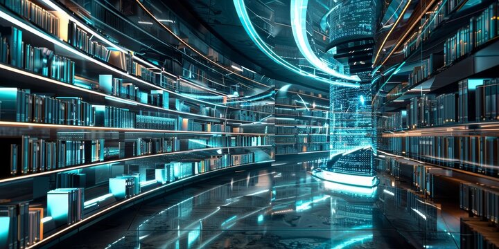 Interactive digital library with a diverse selection of e-books, displayed in a sleek, futuristic 3D space with vibrant lighting and modern design elements