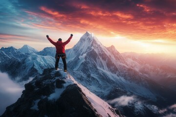 A climber stands triumphantly on a mountain peak. The sunset creates a magical sky. This stunning landscape showcases adventure and exploration. Generative AI
