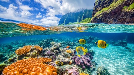 Naklejka premium Vibrant coral reef near a Hawaii beach with colorful fish swimming