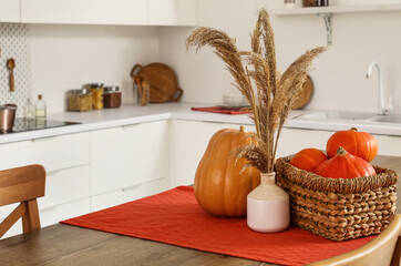 Pumpkins and pampas grass on dining table. Closeup