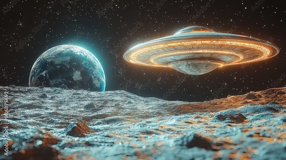 Poster spaceship over planet with stars and asteroid field
