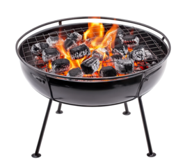 Empty round grill with burning coals and flames, isolated on transparent cutout background