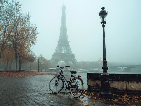 A bicycle is parked next to a street lamp in front of the Eiffel Tower