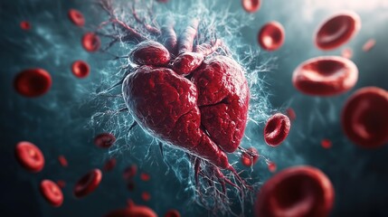 Fototapeta premium Human heart with cardio pulse line chromosome and Flowing red blood cells