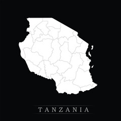 White political maps of Tanzania isolated on black background.