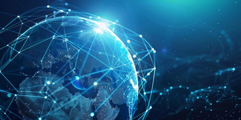 Obraz premium Digital globe with a network of communication lines connecting different regions, symbolizing the global flow of information and interconnected technology