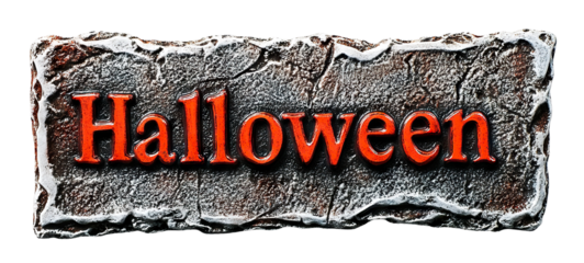 Stone Halloween signboard with red engraved letters, isolated on transparent cutout background