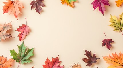 Obraz premium A flat lay arrangement of colorful autumn leaves on a beige background, creating a border around a blank space in the center.