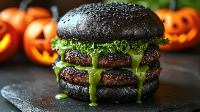 A spooky Halloween burger with glowing eyes, decorated with bats and pumpkins, perfect for festive culinary promotions, Ai