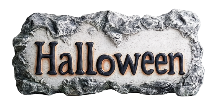 Stone Halloween signboard with engraved letters, isolated on transparent cutout background