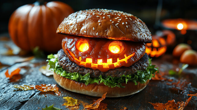 A spooky Halloween burger with glowing eyes, decorated with bats and pumpkins, perfect for festive culinary promotions, Ai