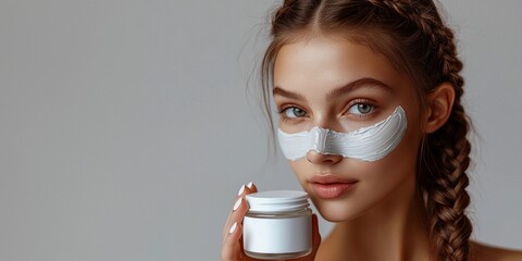Beautiful girl with a facial cream mask holding an unbranded cosmetic jar on neutral background. Cosmetics and beauty routine concept. Close-up fashion portrait for banner, poster, ads with copy space