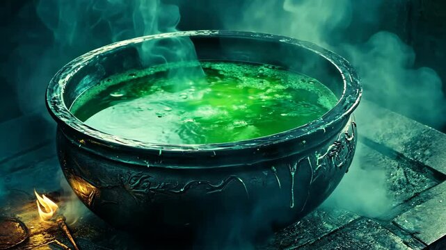 Mystical green potion brewing in an ancient cauldron surrounded by smoke and light in a dimly lit chamber