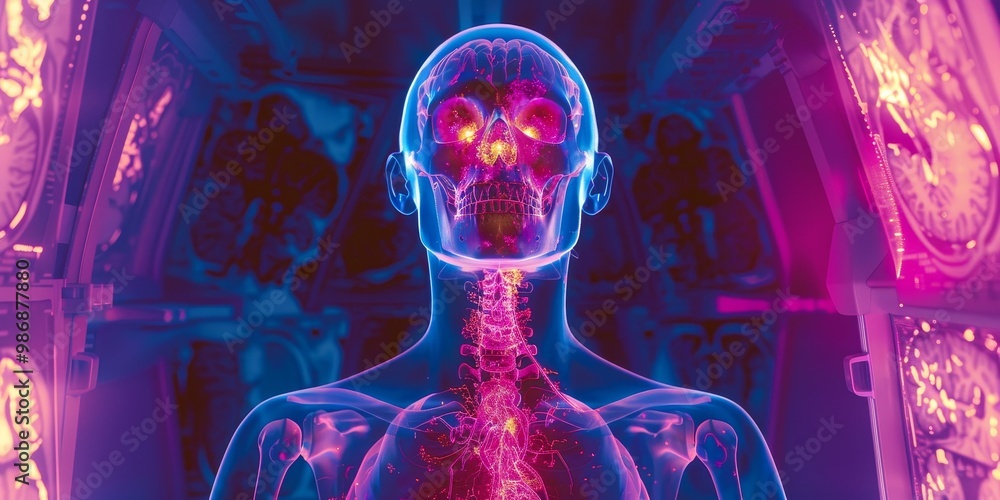 Poster colorful pet scan image with detailed heatmaps representing areas of activity in the body, ideal for