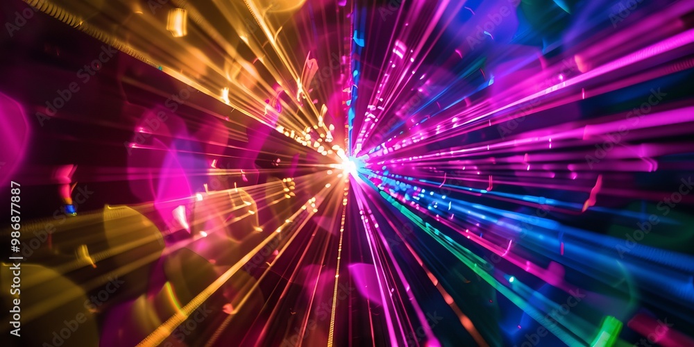 Poster vivid laser lights in a range of colors cutting through darkness, creating abstract and vibrant patt