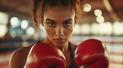 photo of a determined female boxer in a defensive stance with red gloves, focused and ready to fight inside a boxing ring, showcasing strength and resilience

