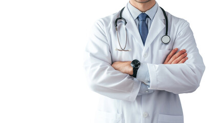 A doctor stands with his arms crossed and a stethoscope around his neck. isolated on transparent background, PNG file