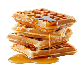 Stack of delicious waffles with syrup or honey dripping, isolated on transparent cutout background