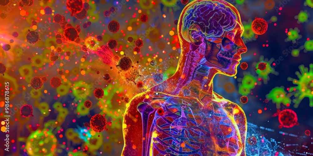 Poster colorful pet scan image with detailed heatmaps representing areas of activity in the body, ideal for