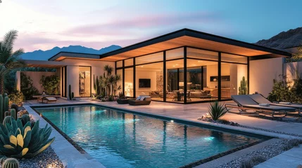 Acrylglasbilder Arizona Modern geometric concrete home overlooking desert cityscape with swimming pool  © kardaska