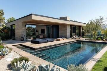 Fototapeta premium Modern geometric concrete home overlooking desert cityscape with swimming pool