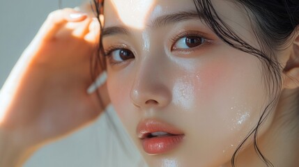 Fototapeta premium Close-up of a young Asian woman gently tapping a serum into her skin, emphasizing hydration and glowing skin.