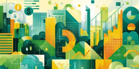 A vibrant illustration of pension fund assets, featuring a range of investment types and growth charts to emphasize the strategic planning and diversification of retirement portfolios