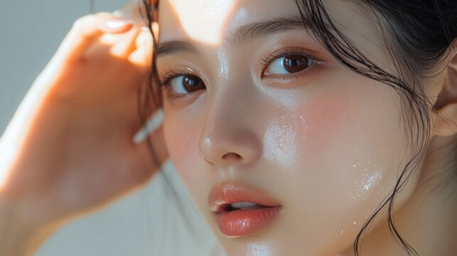 Close-up of a young Asian woman gently tapping a serum into her skin, emphasizing hydration and glowing skin.