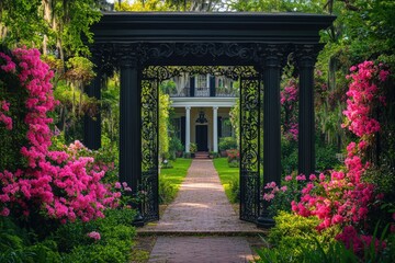Naklejka premium Brick pathway leading to beautiful southern antebellum style mansion
