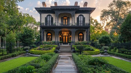 Naklejka premium Beautiful southern style mansion with ornate ironwork at sunset