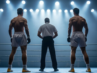 photo of two male boxers facing the referee in the ring under bright lights, pre-fight tension, intense boxing atmosphere, professional match setup, sports competition scene, rear view of athletes and