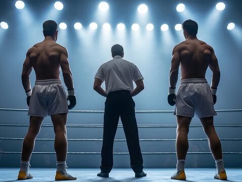 photo of two male boxers facing the referee in the ring under bright lights, pre-fight tension, intense boxing atmosphere, professional match setup, sports competition scene, rear view of athletes and - Powered by Adobe