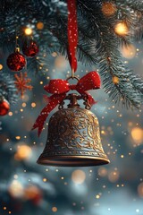 Christmas bell hanging from snowy fir tree branch with red ribbon