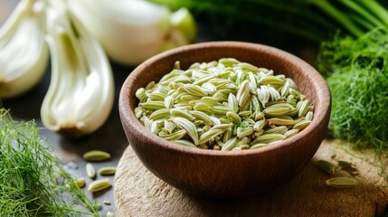 a bowl of fennel seed on a wooden surface