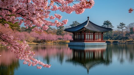 Fototapeta premium Japanese temple reflecting on the lake during cherry blossom season