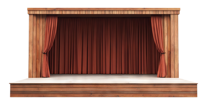 Empty wooden stage with red draped curtains, isolated on transparent cutout background