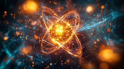 Obraz premium Illuminated Nuclear Fission - Abstract Depiction of Atom Splitting with Glowing Particles and Energy Release
