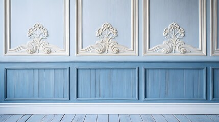 Close-up view of classic wainscot wood decoration featuring a retro blue and white wall panel.