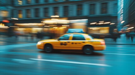 Yellow taxi speeding through a busy street, captured in motion,