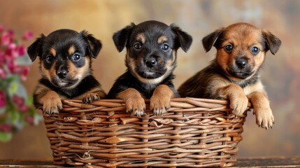 Three puppies are in a basket, looking up at the camera
