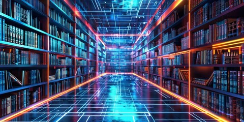 Virtual bookshelf with a range of digital books organized in a 3D grid, surrounded by a high-tech environment and interactive features, with vibrant lighting effects