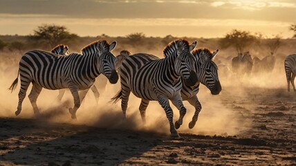 Obraz premium Zebras running in unison across a dusty landscape