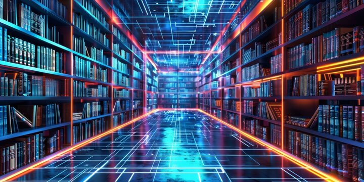 Virtual bookshelf with a range of digital books organized in a 3D grid, surrounded by a high-tech environment and interactive features, with vibrant lighting effects