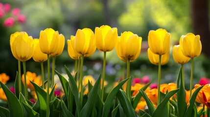 Obraz premium Yellow tulips in a sunny garden, vibrant colors,