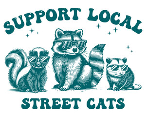 Animals standing in cool poses of a skunk, raccoon, and possum all donning stylish sunglasses. Support local street cats. Green color. © Sugarpalm