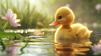 A duckling is standing in a pond with grass around it