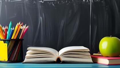 vibrant back to school scene with books and colorful pencils on a table set against a blackboard...