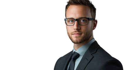 A man wearing a suit and glasses is standing in front of a white background. isolated on transparent background, PNG file