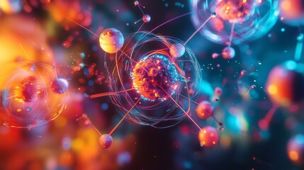 Obraz premium Vibrant 3D Illustration of Nuclear Fission Process with Atom Splitting and Energy Release Mechanism